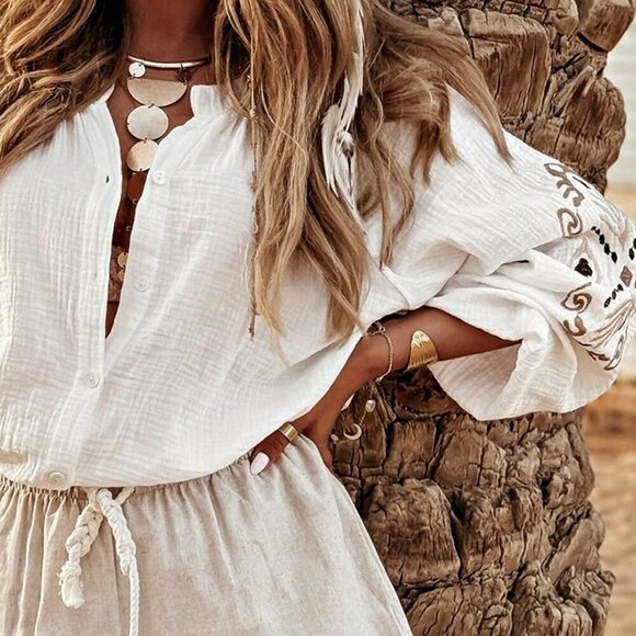 White Boho Women's Ivory Crochet V Neck Long Sleeve Cardigan Blouse - Picture 3 of 5